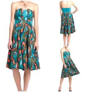 Anthropologie Girls from Savoy Teal Painted Strapless A-line Dress Size 10